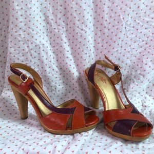 Seychelles orange and purple heeled sandals. Size 8.5M.